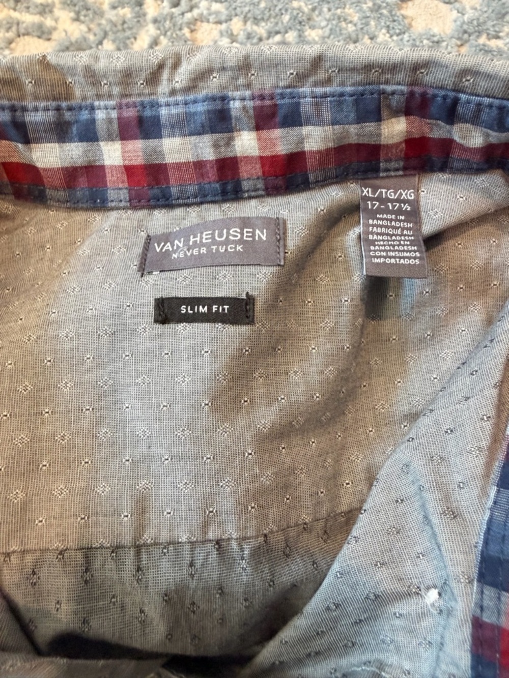 Van Heusen Light Gray Slim Fit Shirt with Blue and Red Plaid Trim